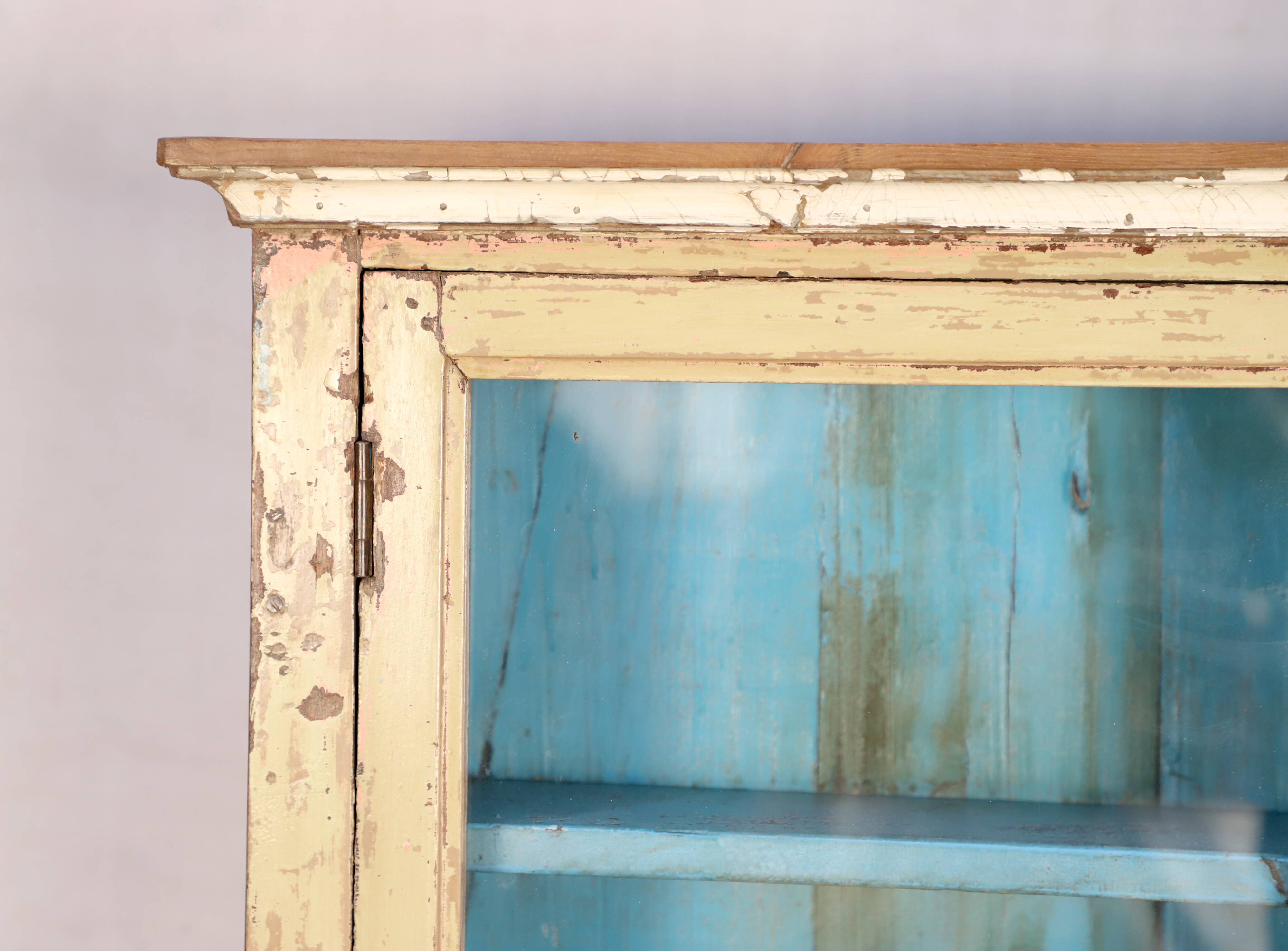 Burmese teak showcase with original beige & blue patina