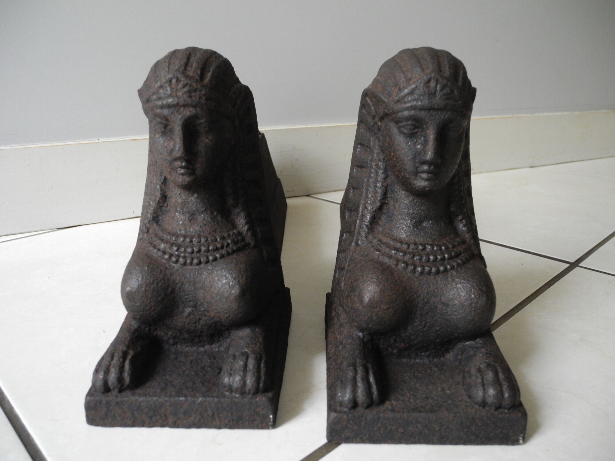 Pair of old chenets sphinx cast iron deco back from egypt