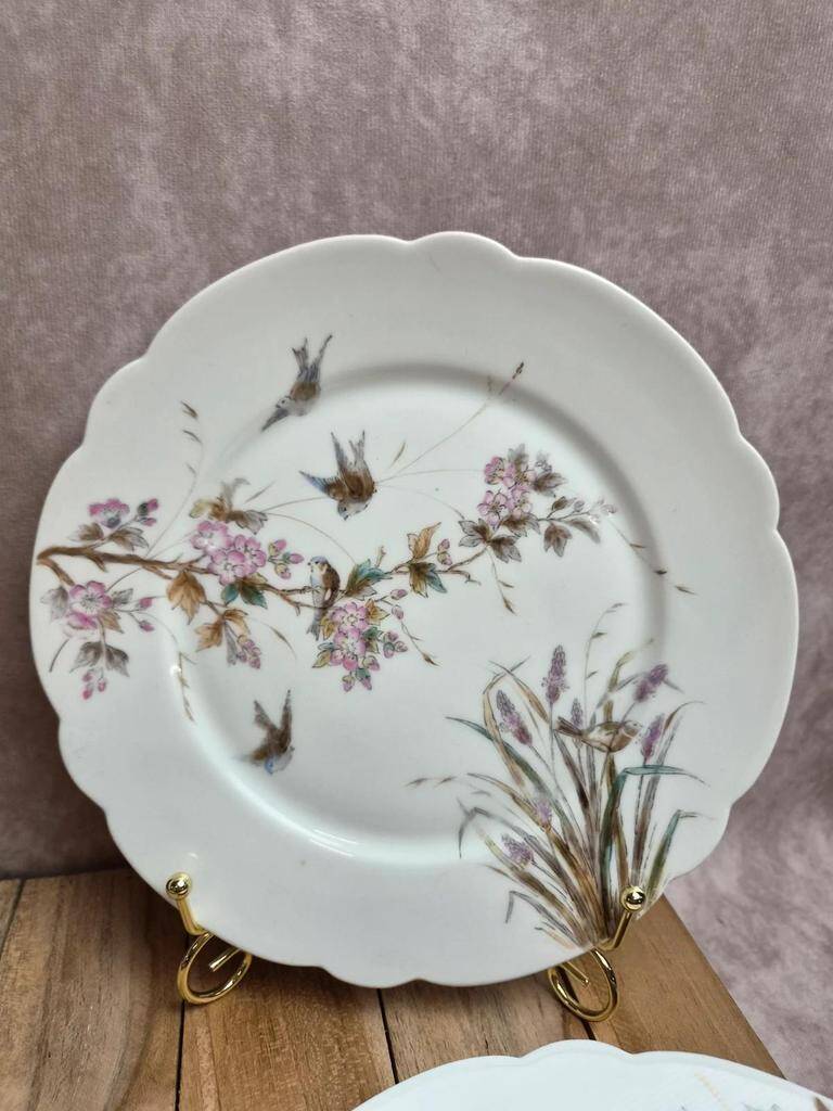 Set of 7 antique porcelain plates – Decorated with polychrome birds and flowers