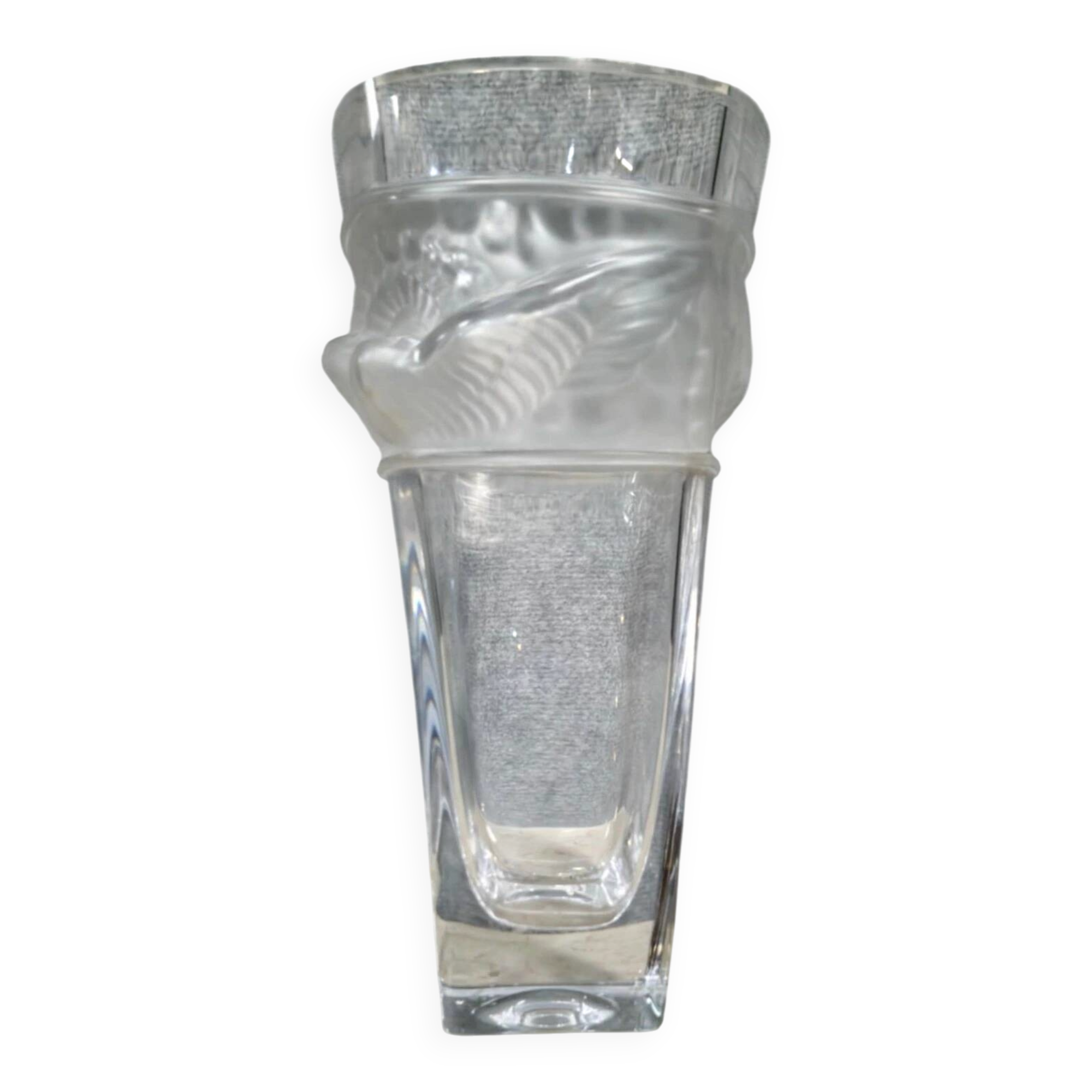 PORTIEUX: signed vase with square neck in pressed, satin-finished, matte white crystal