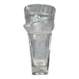 PORTIEUX: signed vase with square neck in pressed, satin-finished, matte white crystal