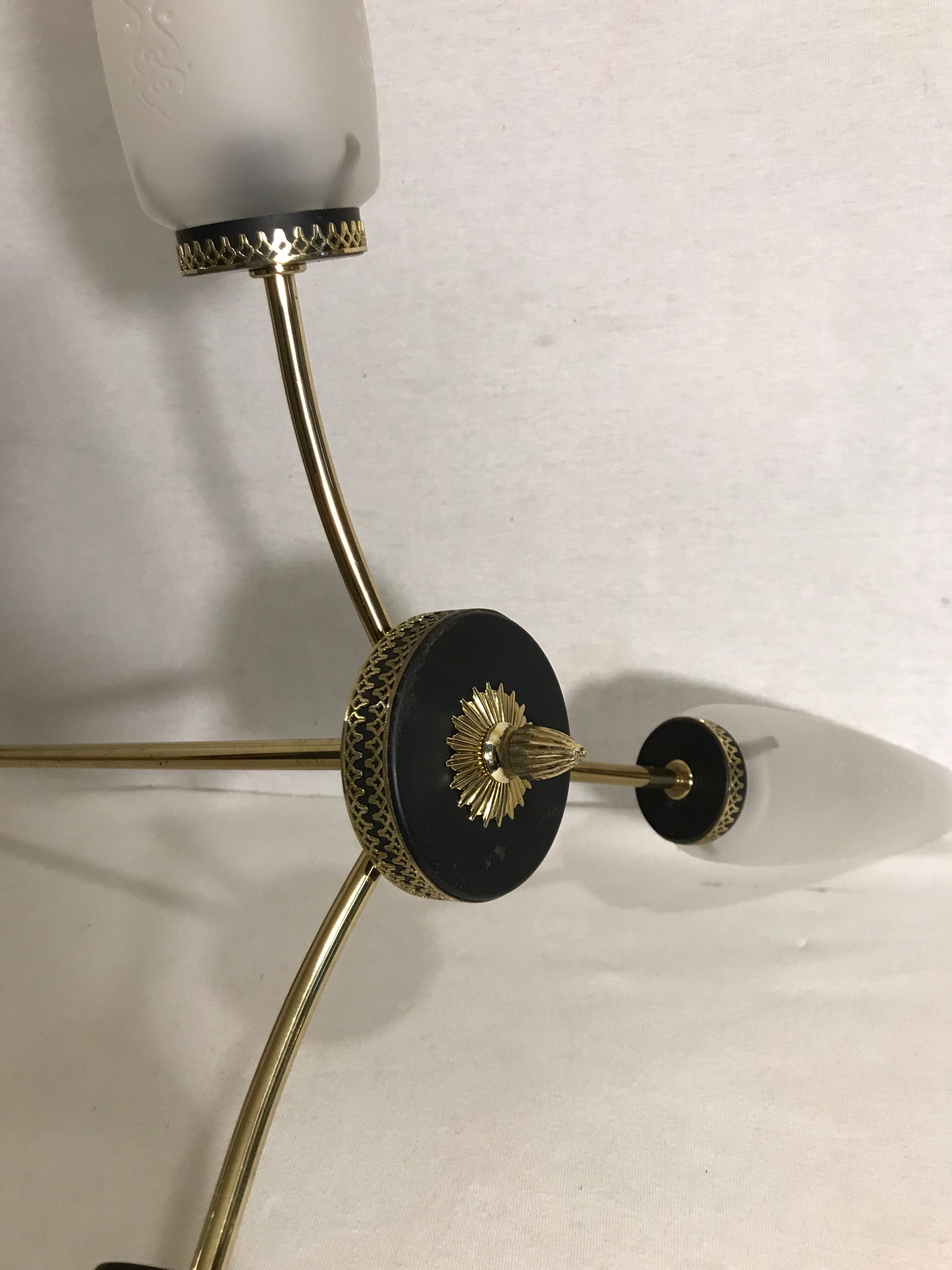 Lot brass suspension and 2 brass double wall sconces 70s