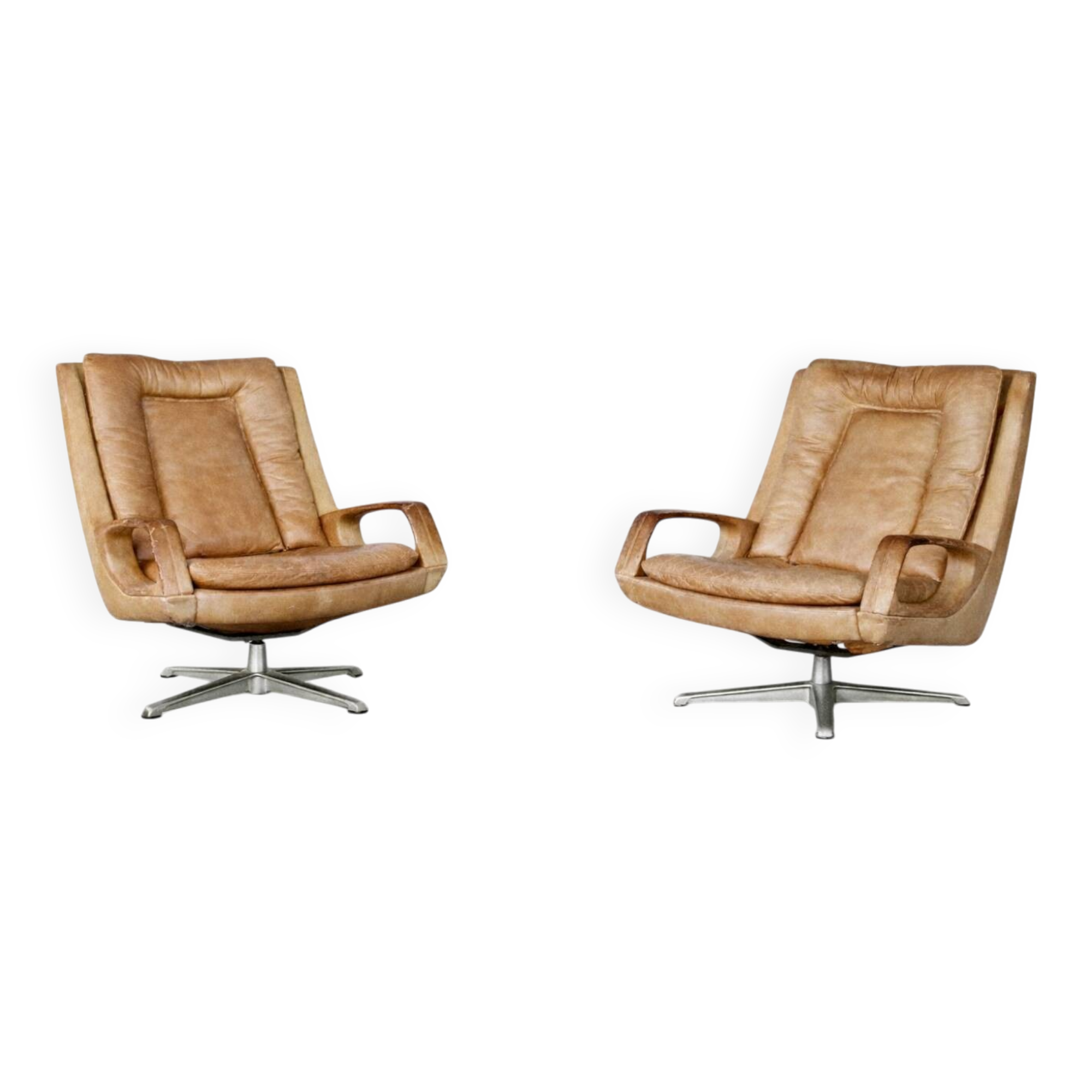 Vintage Mid-Century German Modern Leather Swivel Chairs by Carl Straub