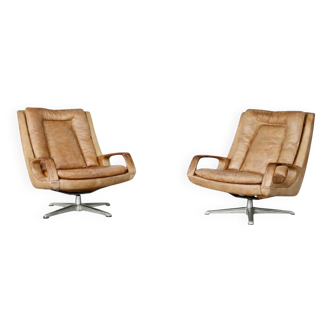 Vintage Mid-Century German Modern Leather Swivel Chairs by Carl Straub