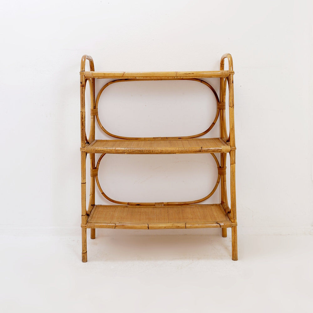 Vintage three-tier rattan shelf in bohemian style - 1960s