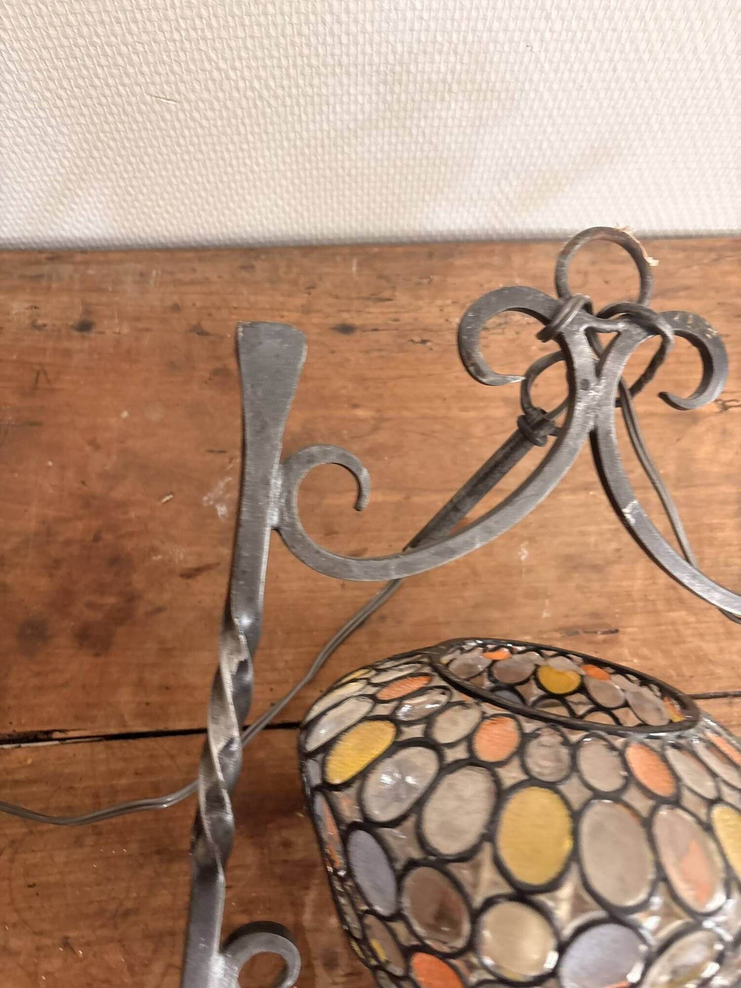 Colourful Stained Glass Wall Sconce with Wrought Iron and Cabochons Lamp