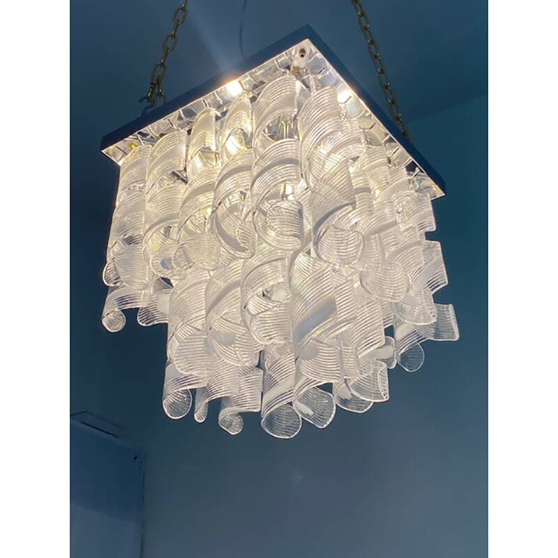 Contemporary Trasparent and White "Ricci-Curles" Murano Glass in Mazzega Style Squared Flush Mount