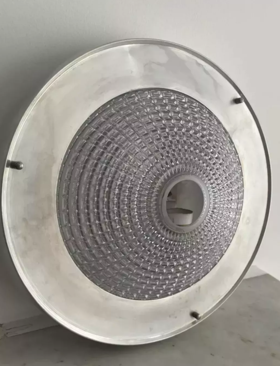 Vintage ceiling lamp in metal and pressed molded glass, France 1970