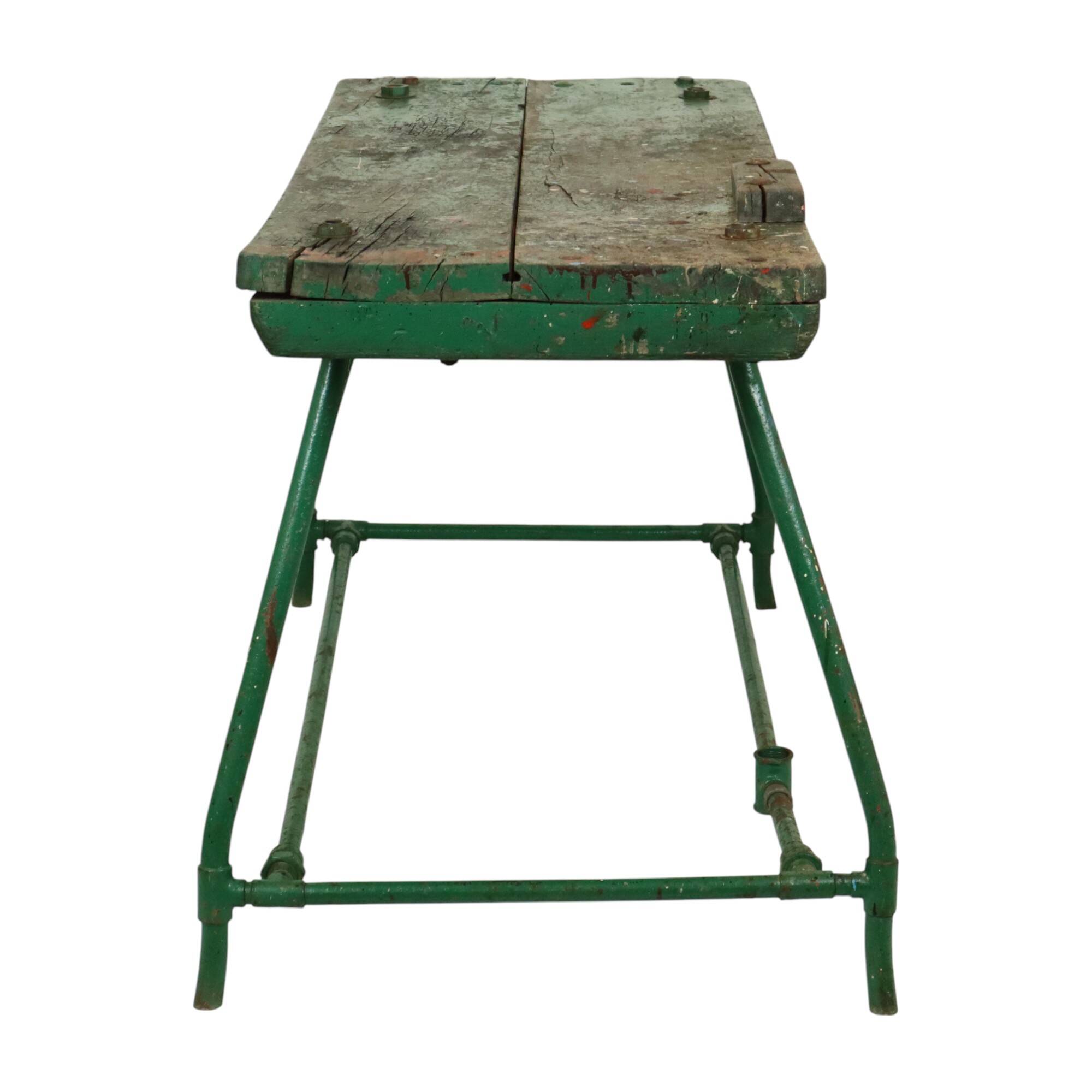 Unique Green Industrial Workbench Work Table Wood Metal 160cm