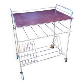 Vintage golden brass hi-fi trolley, magazine rack or vinyl record rack, 1970s
