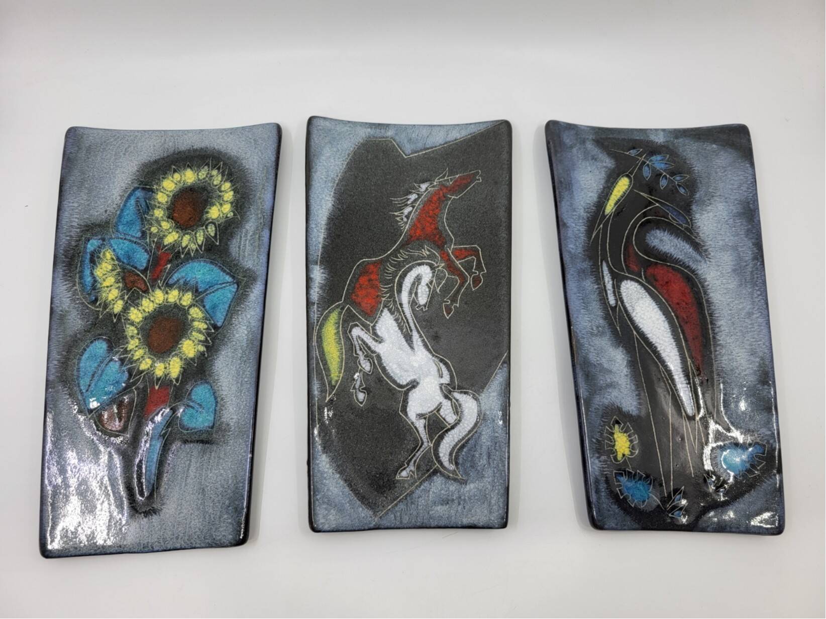 Enamel Triptych Flora & Fauna Vintage 1950