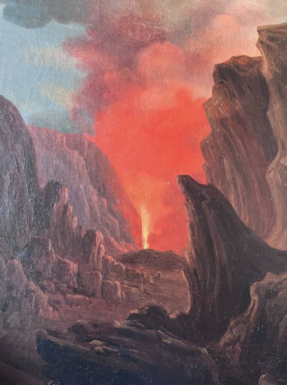 Original Tableau Ancient Landscape 19th Century Erupting Volcano