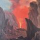 Original Tableau Ancient Landscape 19th Century Erupting Volcano