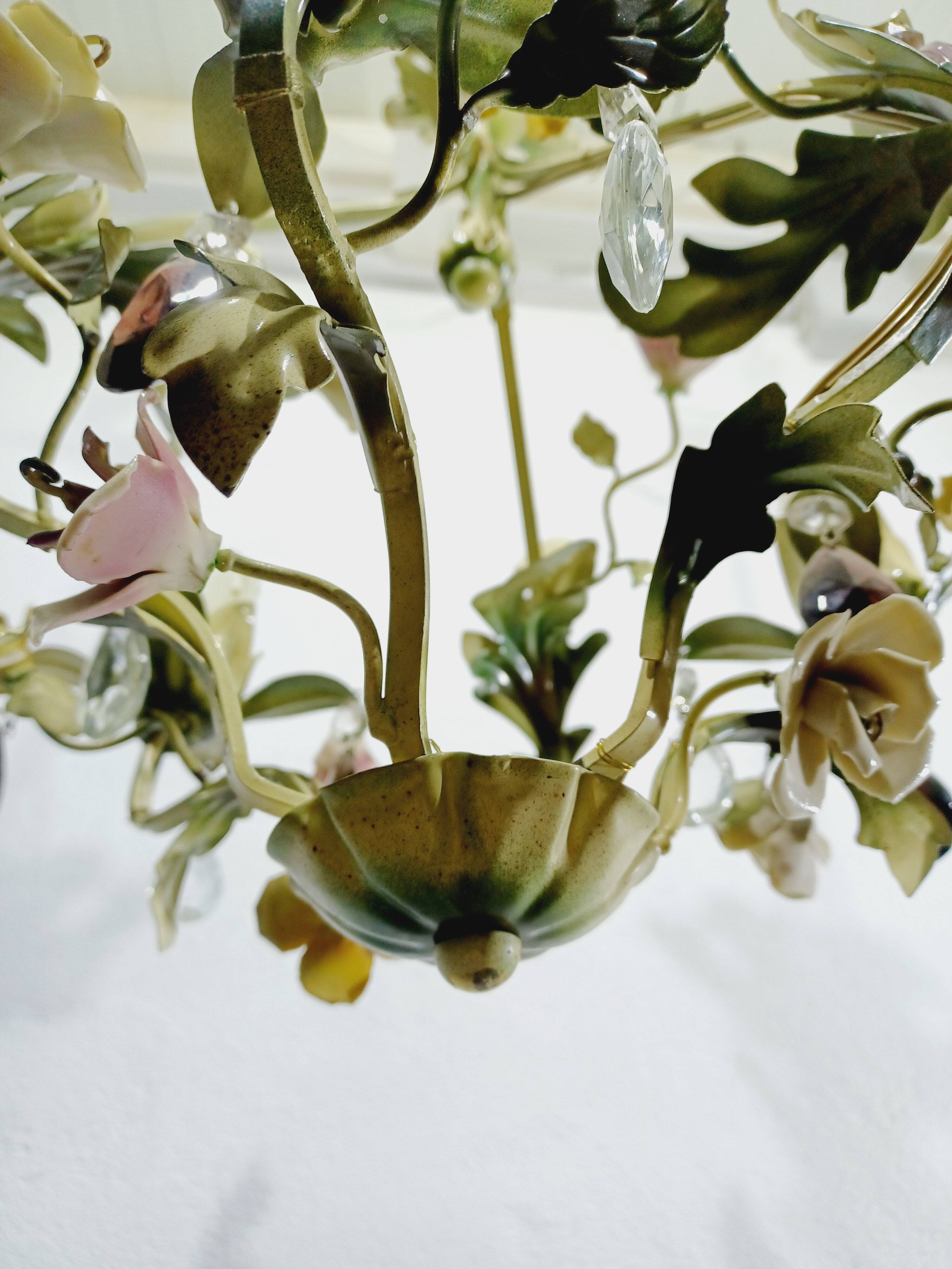 Wrought iron and porcelain chandelier