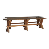 Pair of rustic cherry & oak wood Farmhouse X-frame benches, 1940s