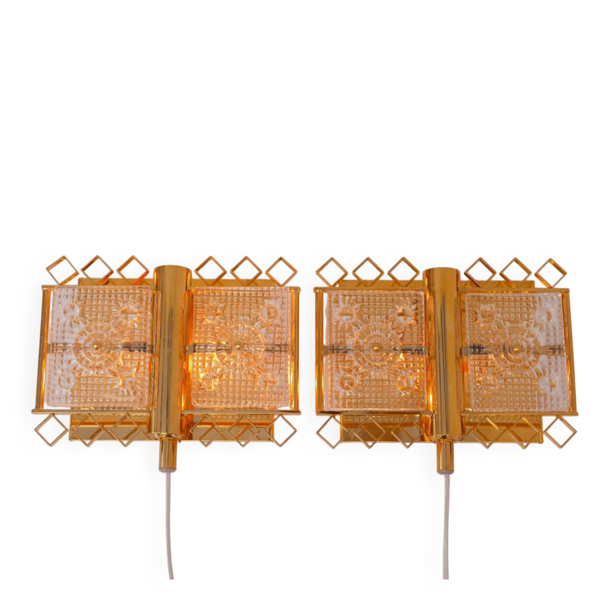 Appliques murales en verre et laiton par Carl Fagerlund pour Orrefors, Suède, années 1970, ensemble de 2.