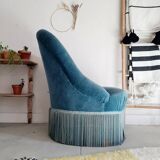 Fauteuil crapaud velours bleu avec franges
