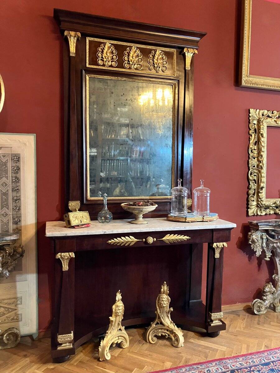 Italian Empire Mahogany and Parcel Gilt Console with Mirror and Carrara Marble Top, Late 18th Century