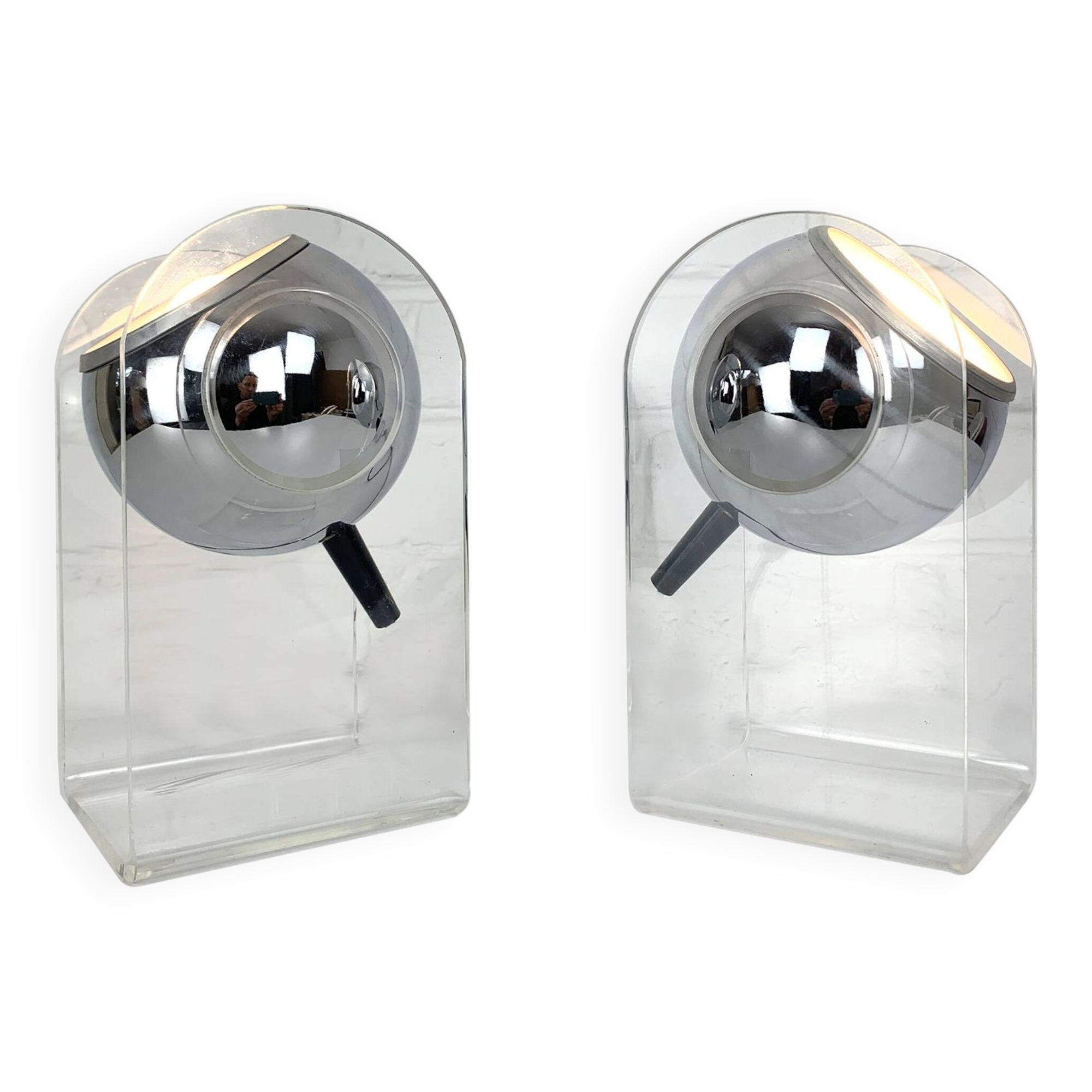 Pair of space age chrome plexiglass sphere table lamps from the 70s
