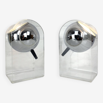 Pair of space age chrome plexiglass sphere table lamps from the 70s