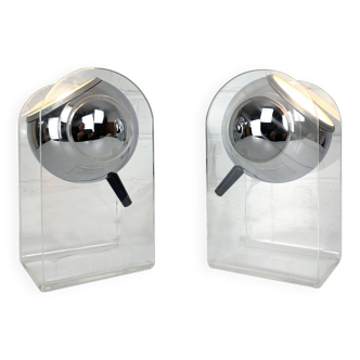 Pair of space age chrome plexiglass sphere table lamps from the 70s