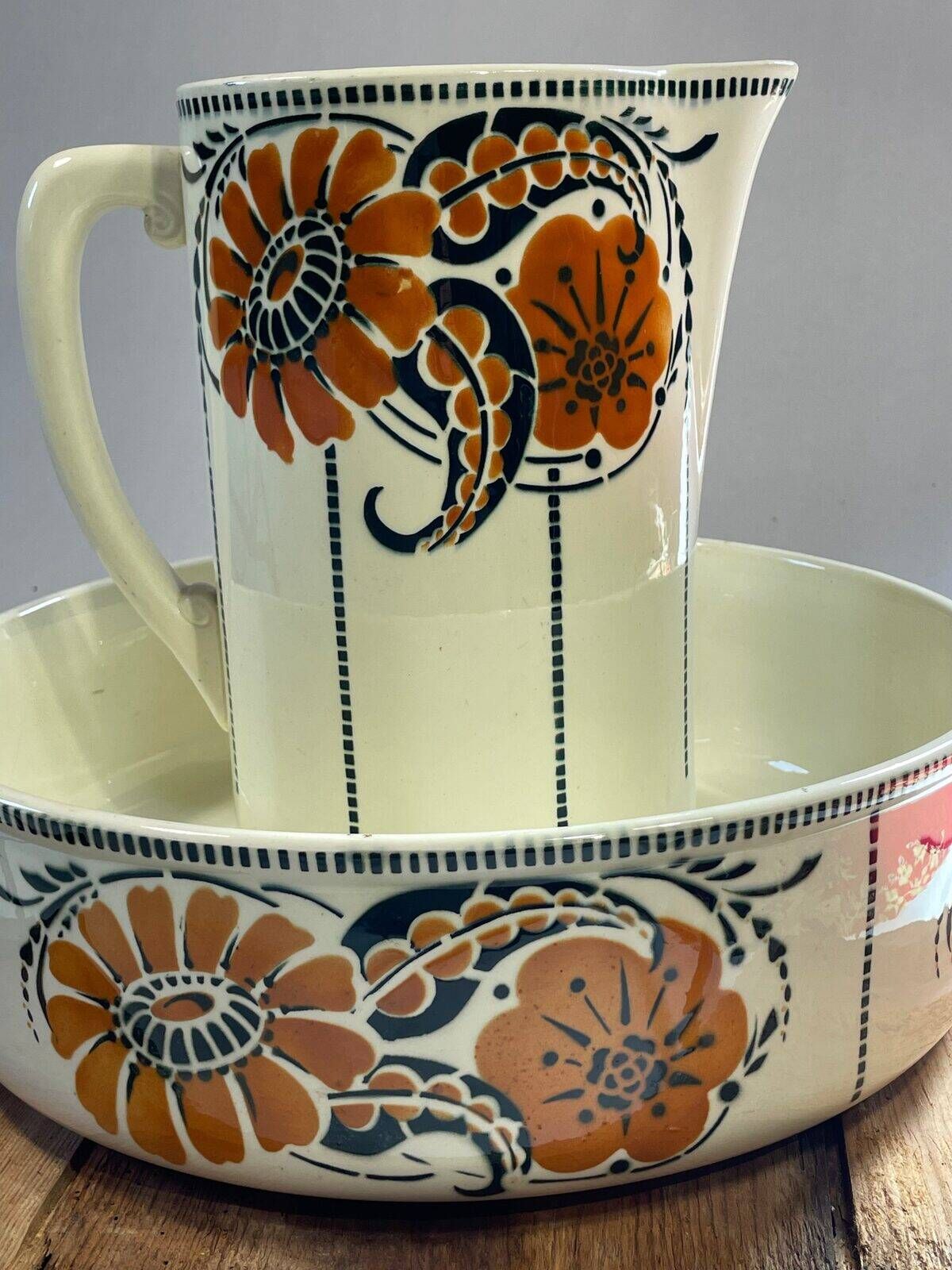 Antique bowl and basin from Saint-Amand, decorated earthenware, 1920s