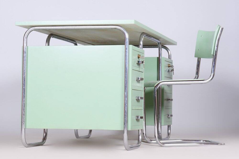 Bauhaus Writing Desk and Chair in Chrome-Plated Steel from Thonet, Czechia, 1930s, Set of 2
