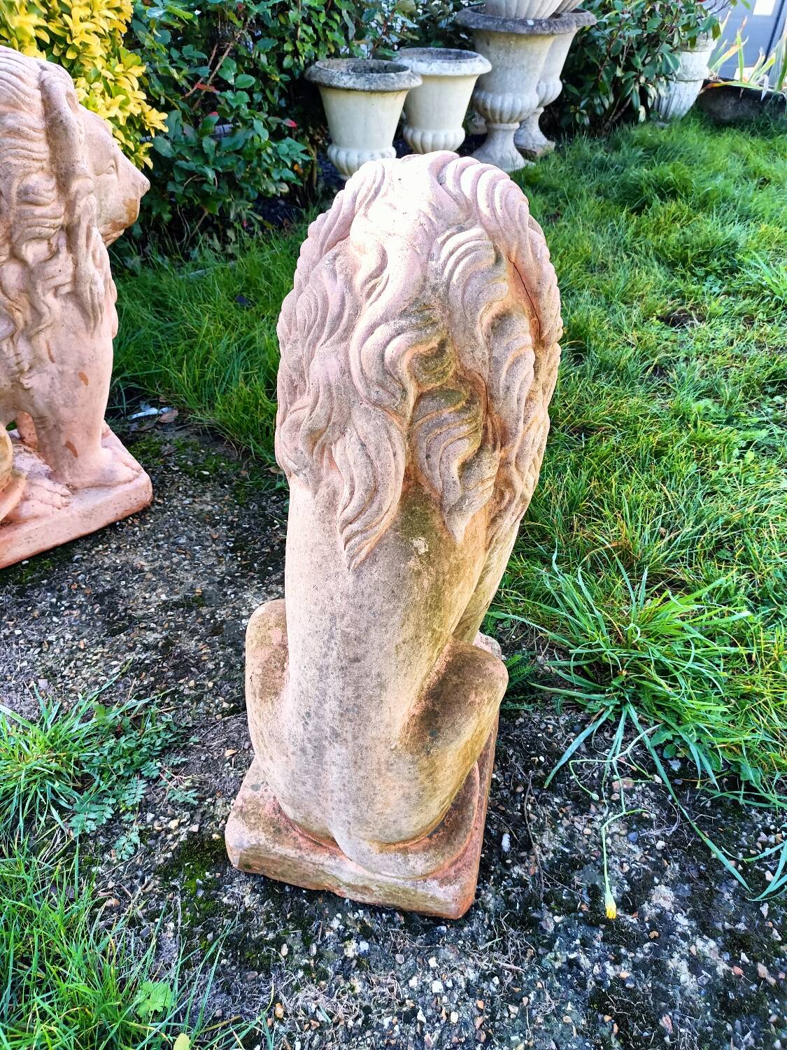 Pair of old terracotta garden lions