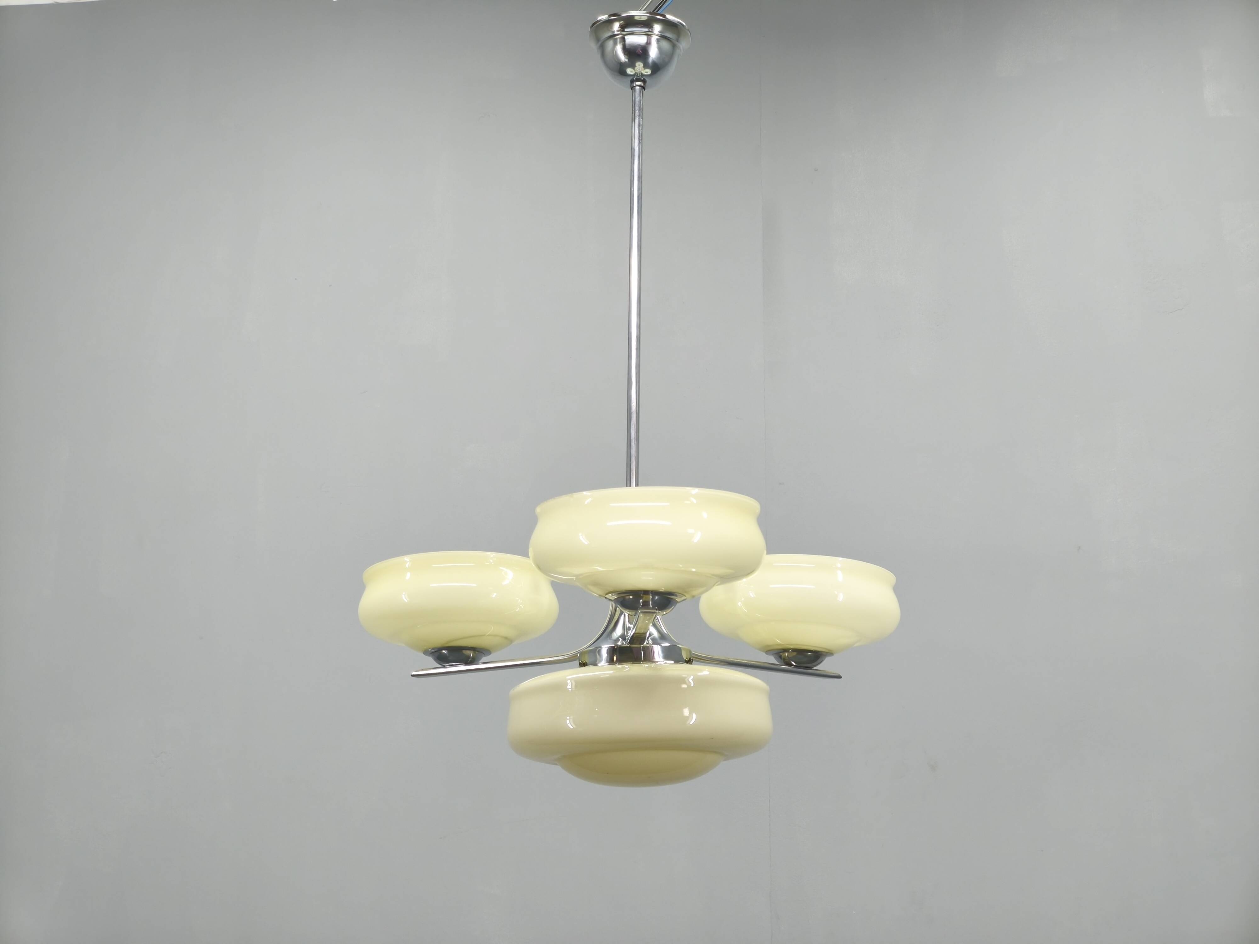 Bauhaus Chandelier Czechoslovakia 1930s Milk Glass Chrome Pendant