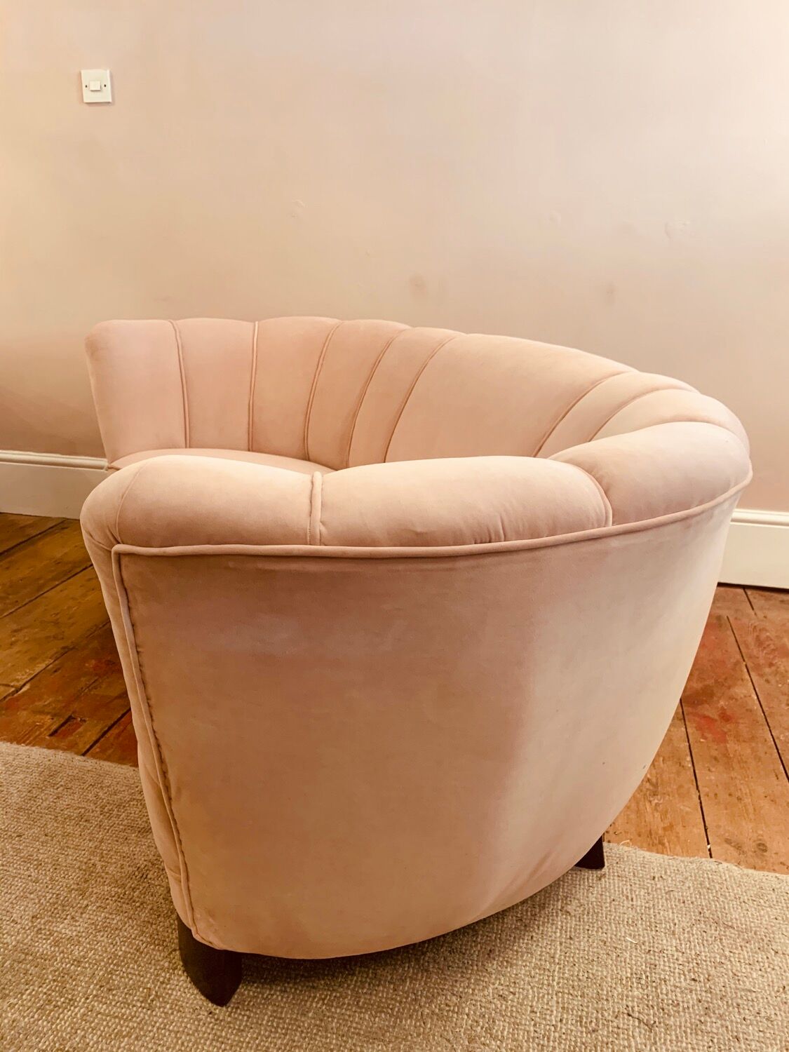 1940s Danish Banana Shaped Scalloped Sofa in Blush Pink