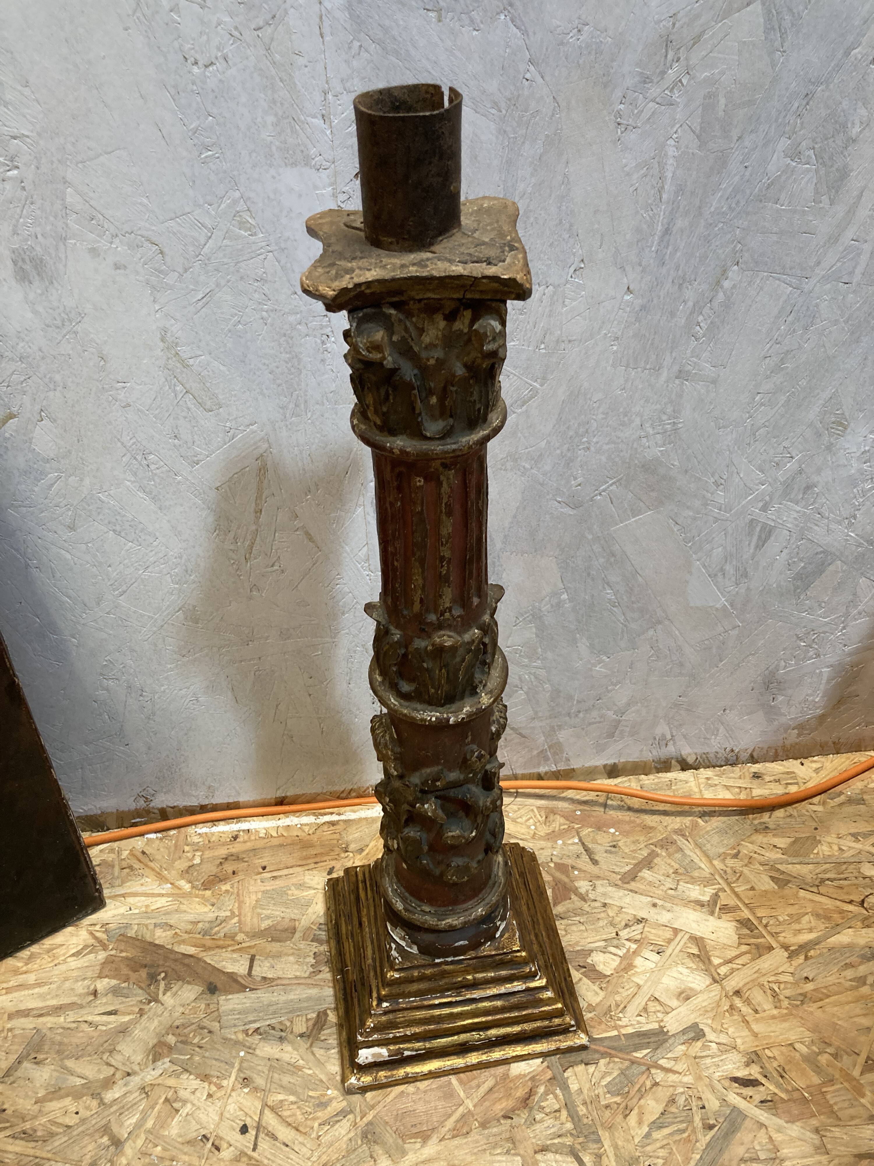 Large antique polychrome carved wooden candle holder - 18th century