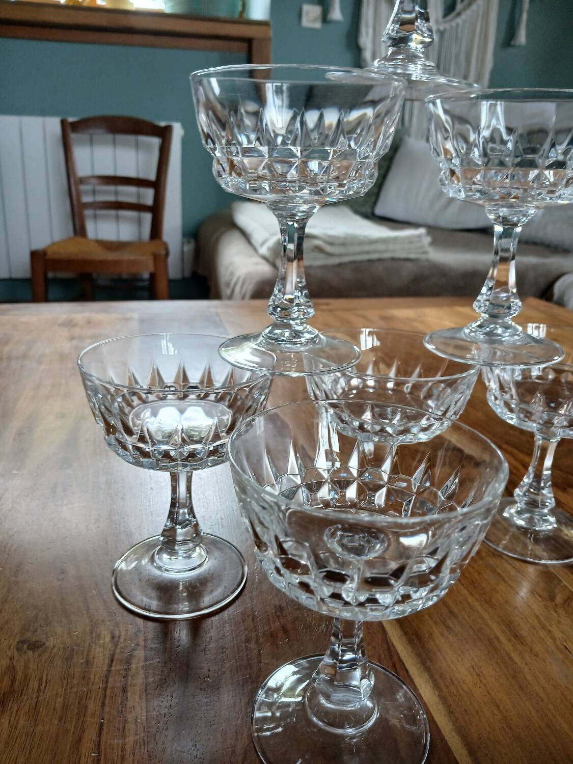 7 antique crystal champagne coupes