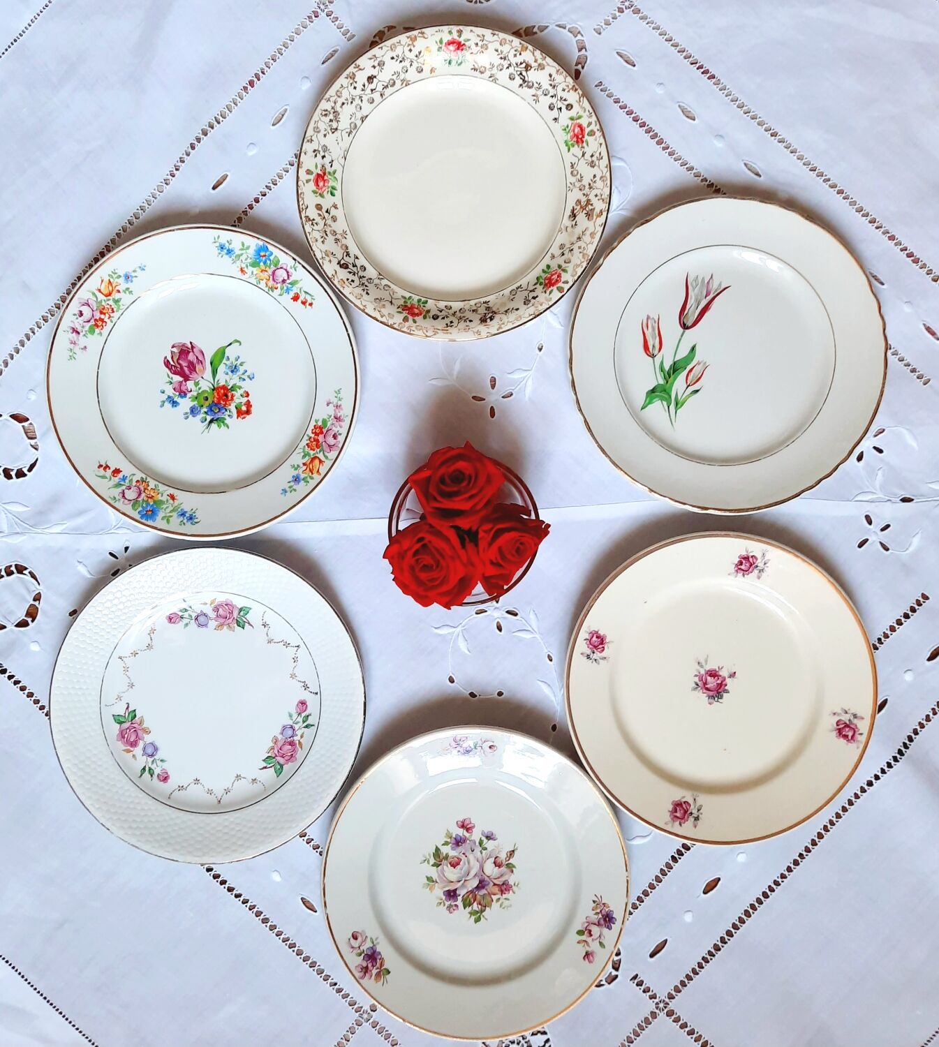 Antique dessert plates mismatched in earthenware with gilded edges