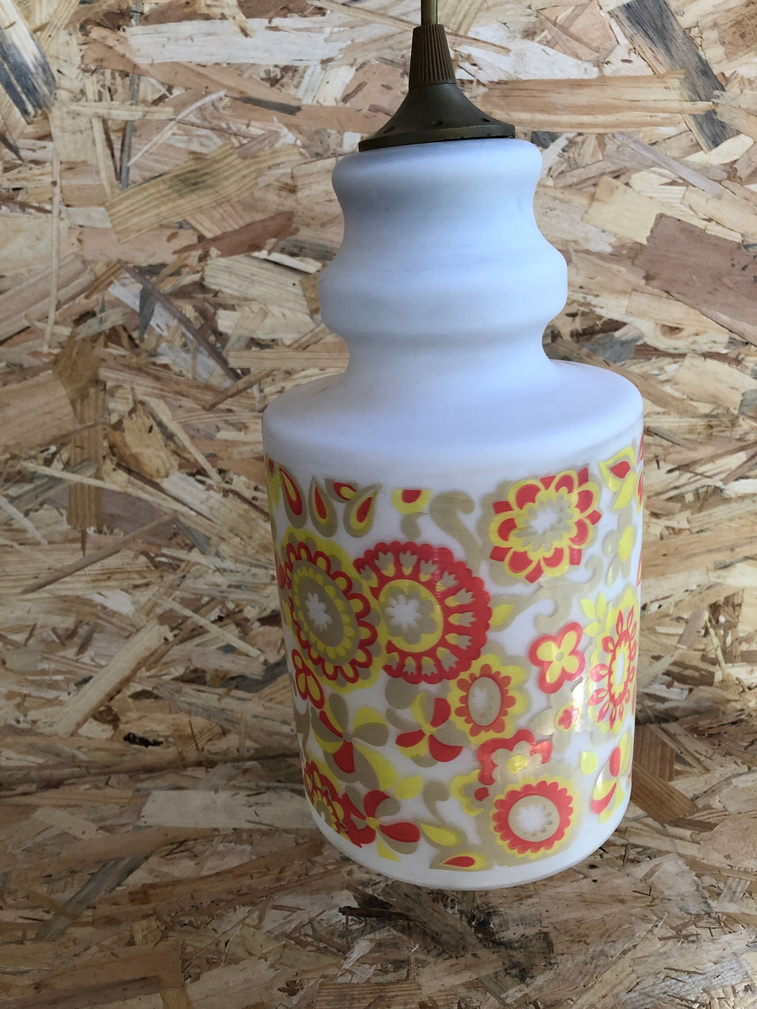 Old White Opaline Pendant Lamp + Yellow Orange Decor 70s Vintage