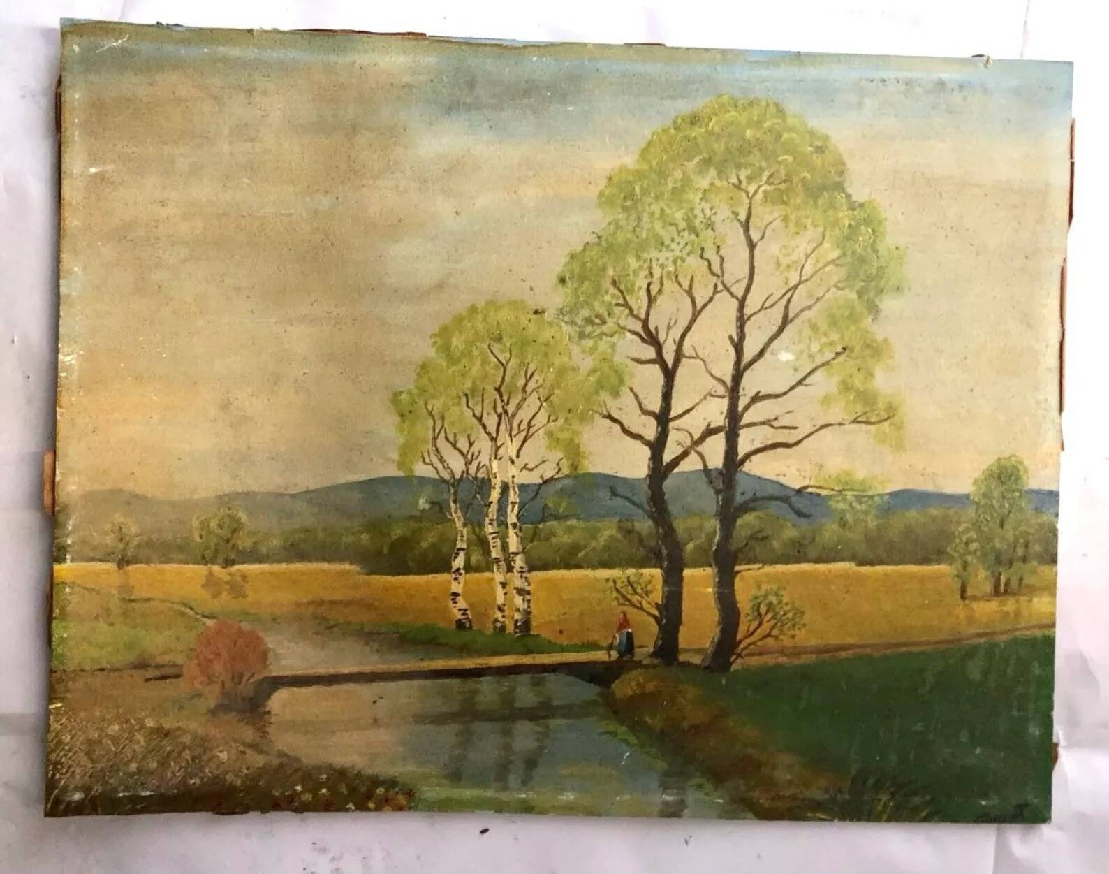 Vintage 1940s French Barbizon‑Style Oil on Cardboard – Peasant by the River