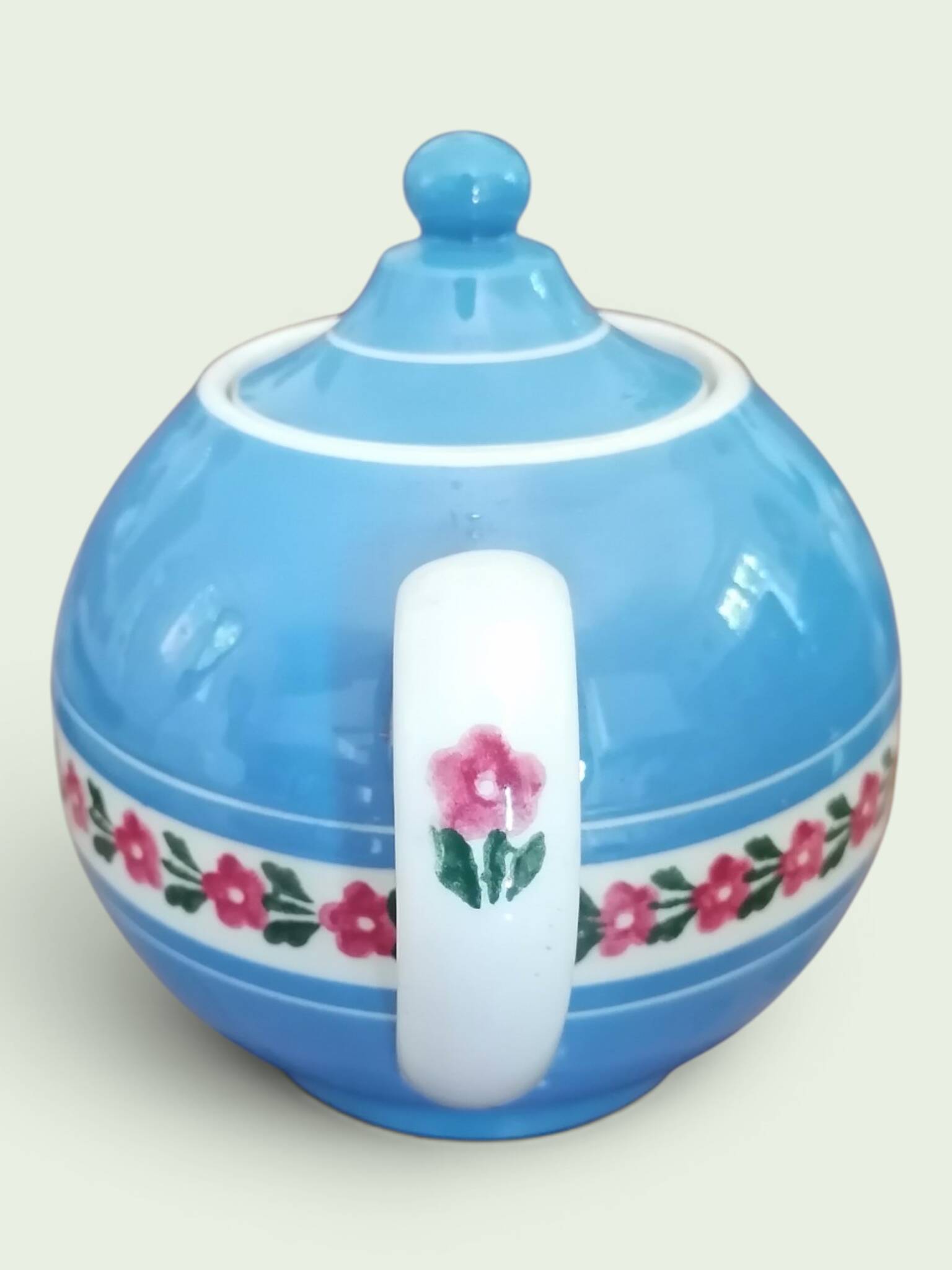 Service à thé en faience ancienne bleu et rose. Sarreguemine 1950