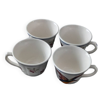 4 Longchamp cups with hand-decorated birds