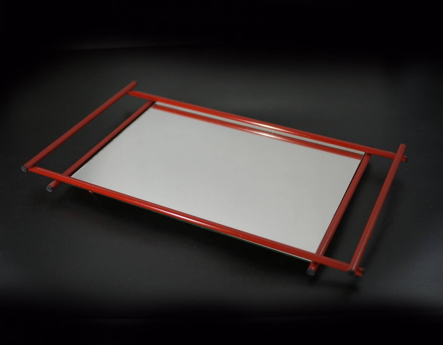 1960s Modern Red Metal Frame Mirrored Serving Tray