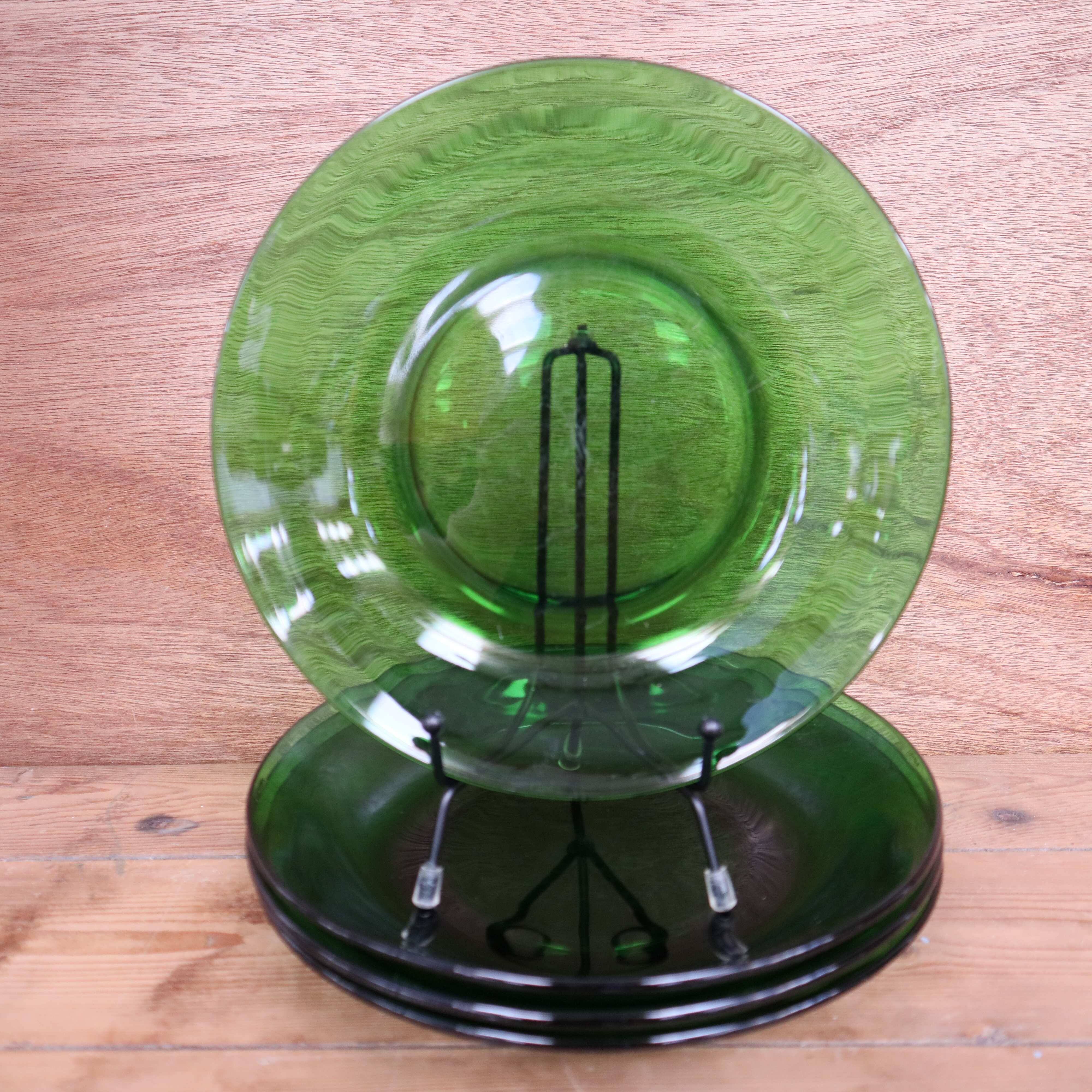 4 vintage green tempered glass soup plates Vereco France