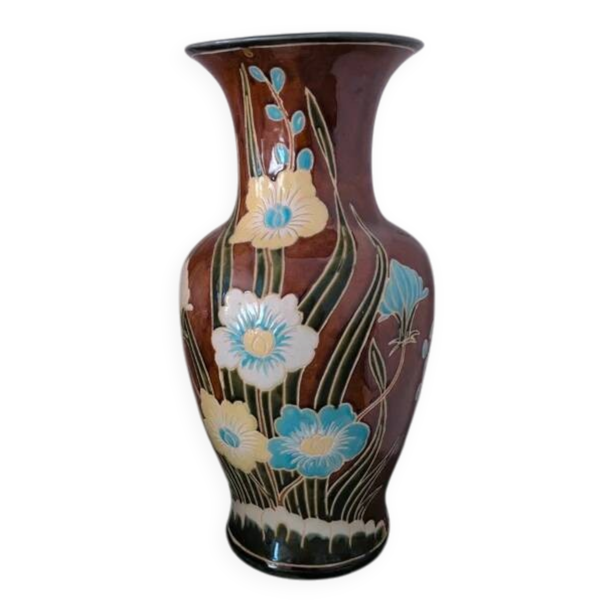 Large vintage antique vase with raised floral pattern.
