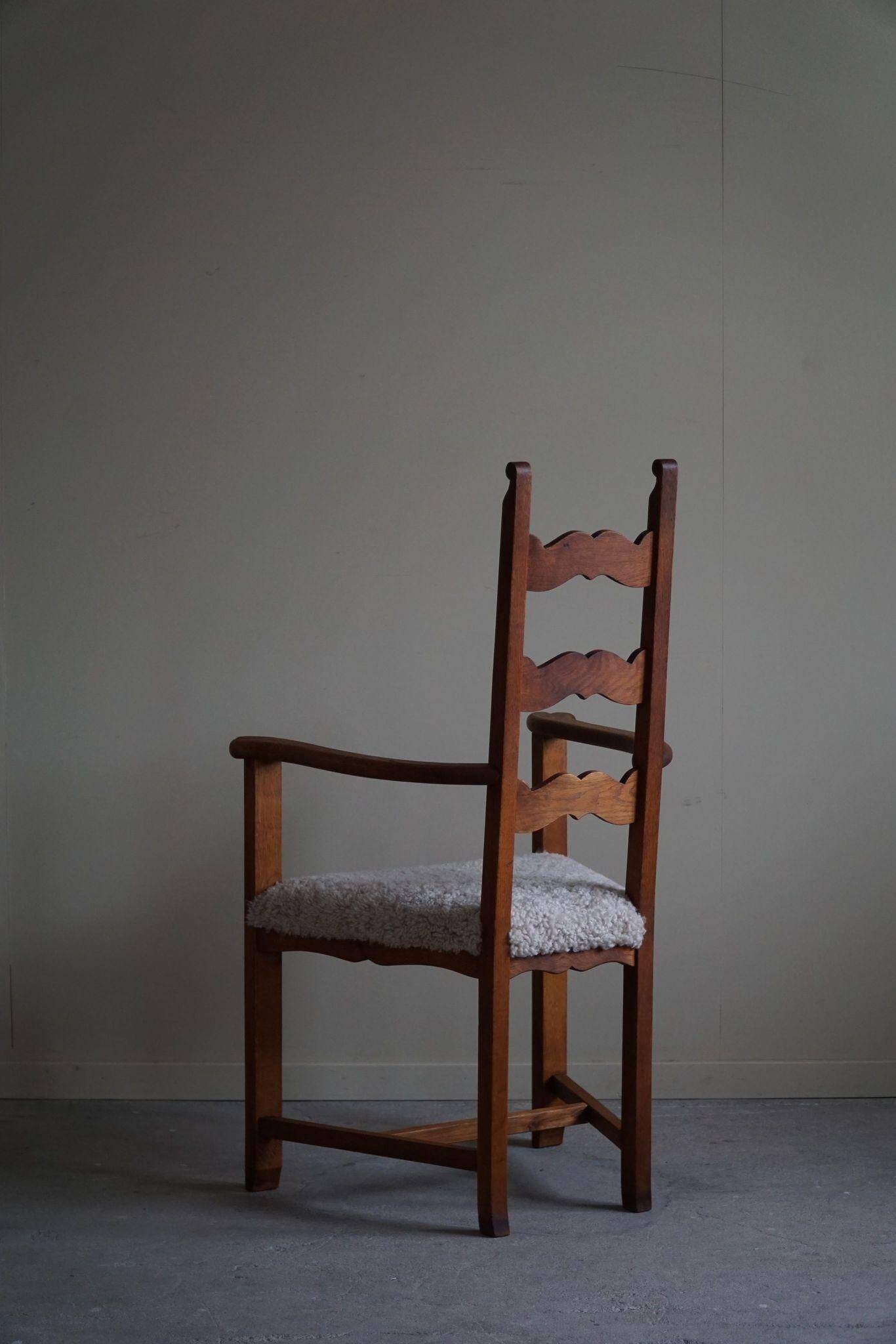 Classic Oak Armchair with Lambswool Upholstery, Mid-Century Danish, 1950s