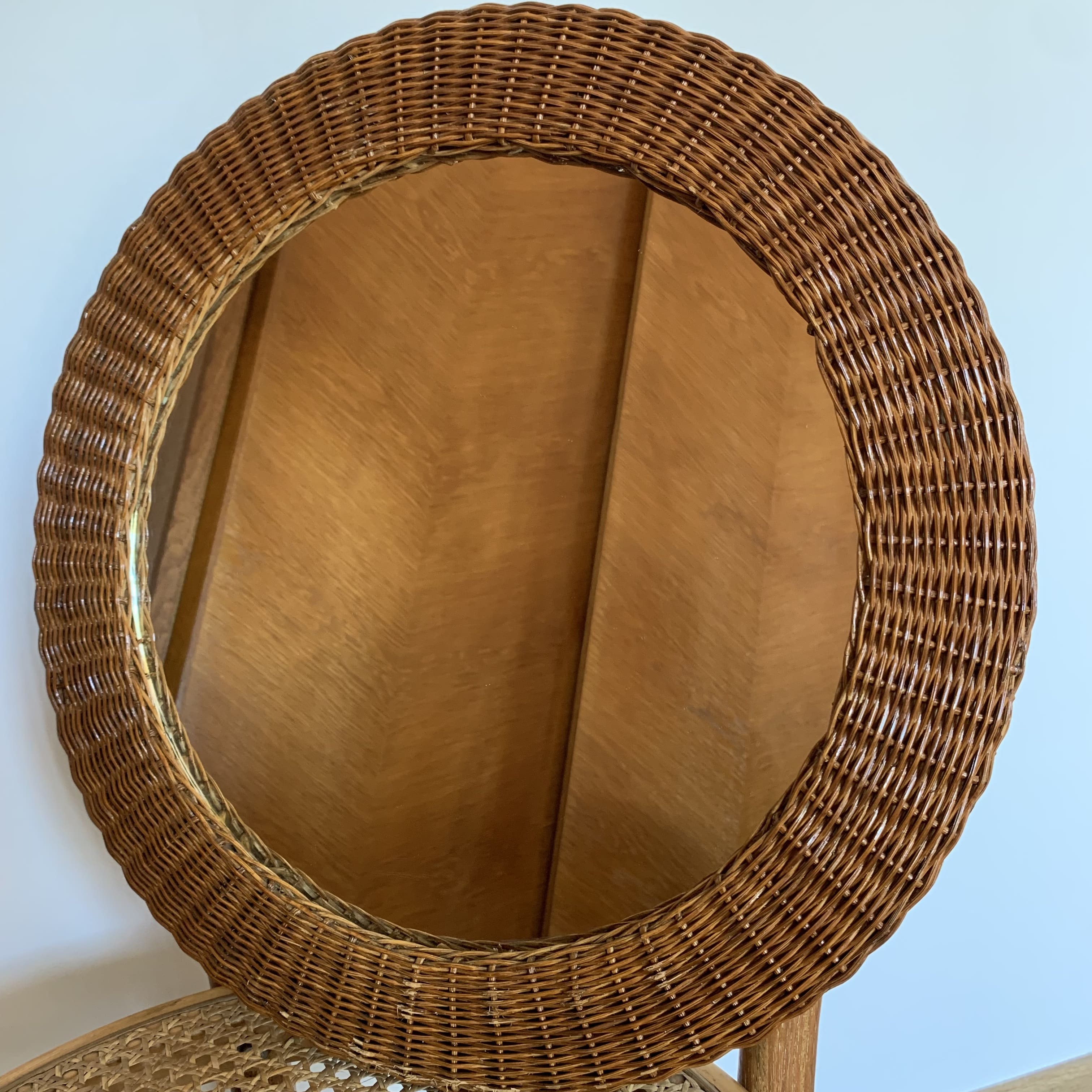 miroir rond en rotin tressé, 1960's