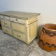 Double-sided shop counter furniture with 6 drawers, length 156 cm.