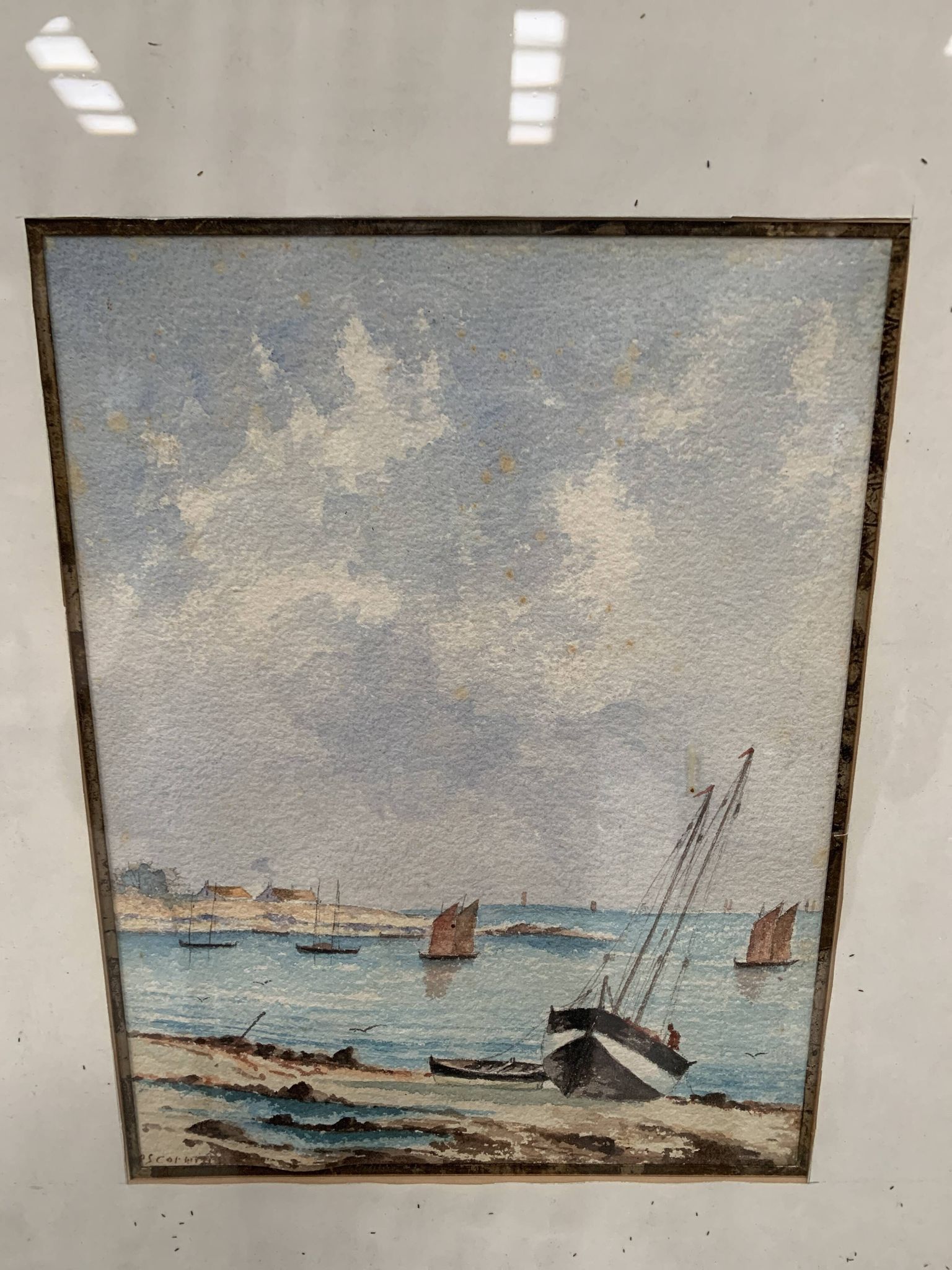 Marine watercolor "Sailboat at sea and stranded on the beach" 20th century