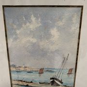 Marine watercolor "Sailboat at sea and stranded on the beach" 20th century