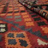 Deep Red Afghan Kilim Rug, Large Geometric Wool Handmade Carpet 200x337 cm