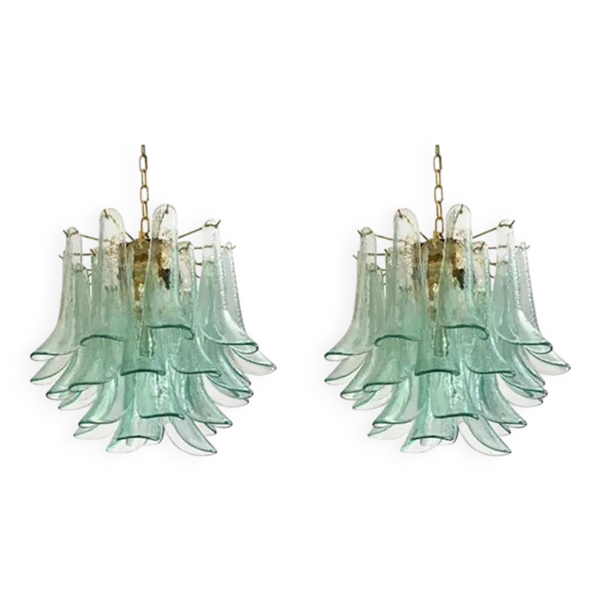 Lot of 2 Contemporary Green Murano Style Glass "Sella" Chandelier With Gold