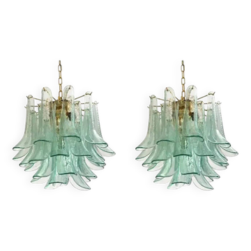 Lot of 2 Contemporary Green Murano Style Glass "Sella" Chandelier With Gold