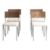 Lot de 4 chaises, avec une structure en acier chromé et un dossier en noyer