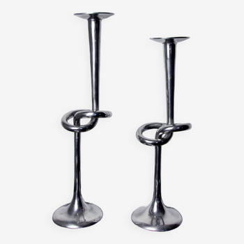 Pair of XL knotted candlesticks in aluminum, Italy, 1980
